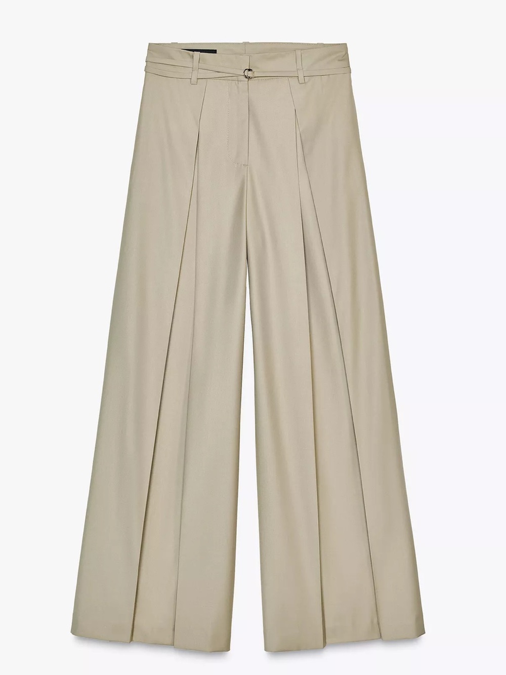 Zara High-Waist Wide-Leg Pleated Pants with Belt - Beige
